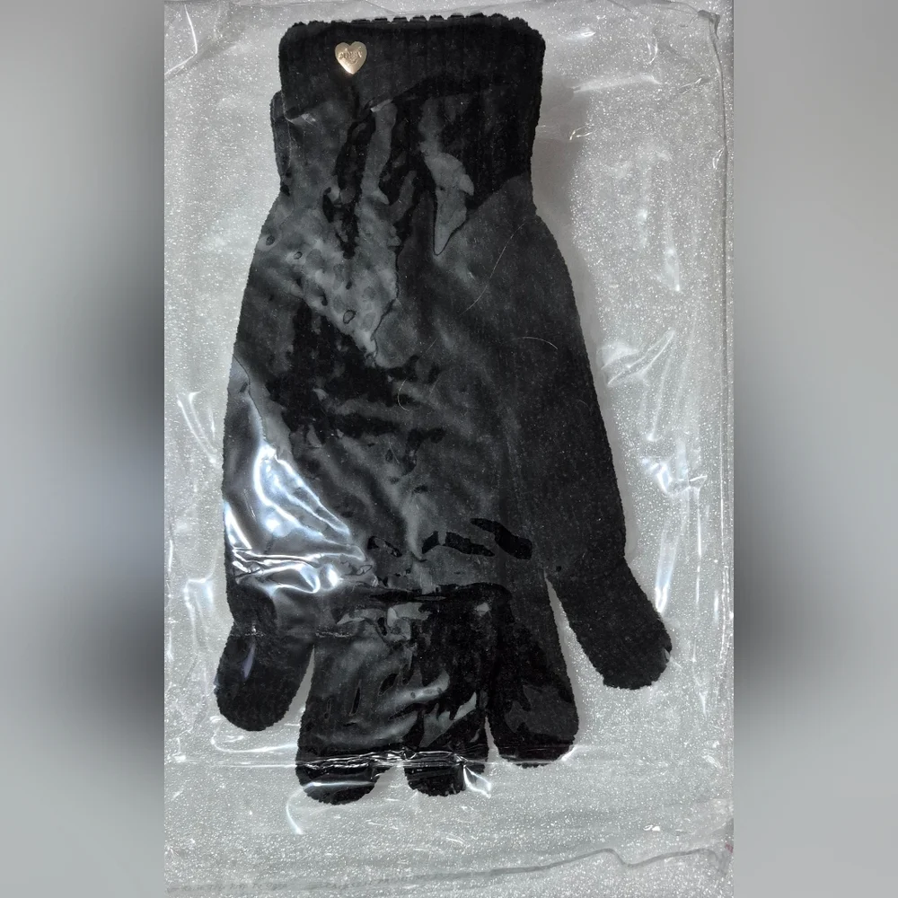 Juicy Couture Black Knit Soft Gloves With Gold Heart Charm One Size